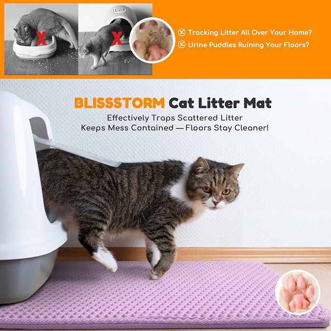 Cat Litter Mat 24"x16",Double Layer EVA Litterbox Mat Purple | Extra Large Honeycomb, Waterproof & non-slip, Odor-free, easy clean, washable durable floor protector,scatter control