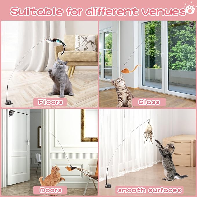 Interactive Bird Simulation Cat Toy Set, Cat Wand Toys, Self-Holding Suction Cups Base, Includes 6 Detachable Replacement Feather Toys