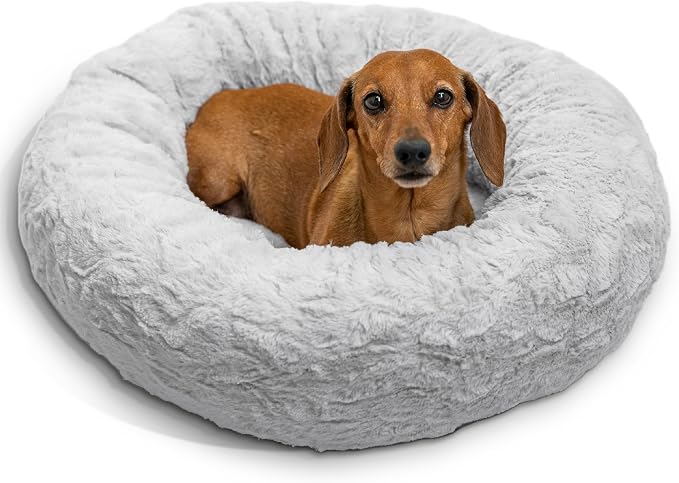 Best Friends by Sheri The Original Calming Donut Dog Bed for Small Dogs up to 25 lbs, Lux Faux Fur, Gray, 23" x 23"
