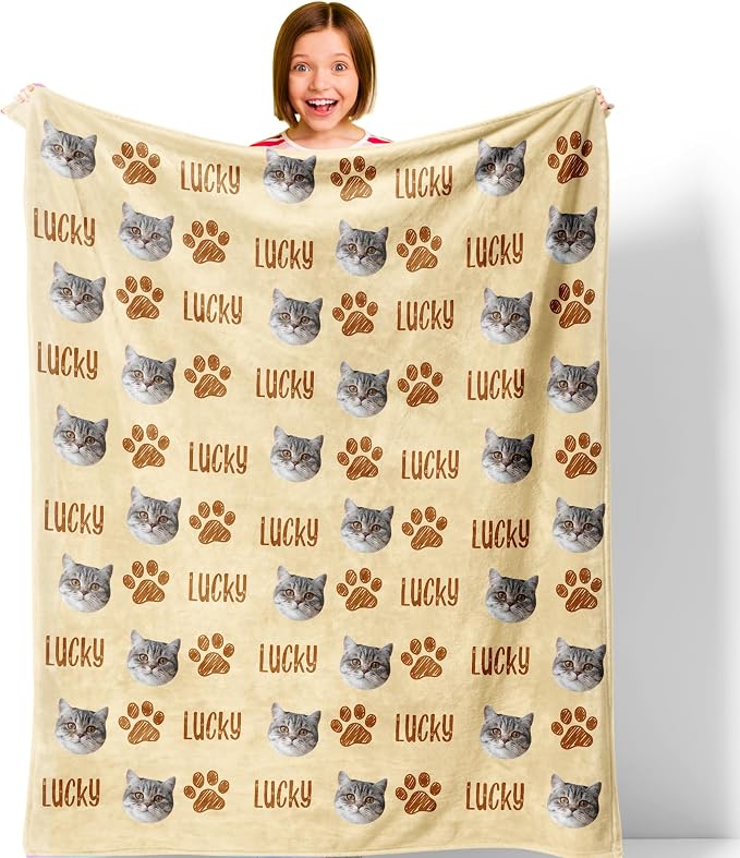 Custom Throw Blanket with Cat Face & Name Personalized Soft Fleece Funny Photo Blanket Multi Size Customized Throws for Couch Bed Sofa Gifts for Cat Dad Mom Pet Lovers