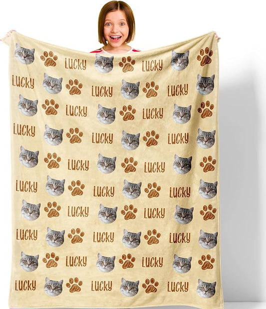 Custom Throw Blanket with Cat Face & Name Personalized Soft Fleece Funny Photo Blanket Multi Size Customized Throws for Couch Bed Sofa Gifts for Cat Dad Mom Pet Lovers