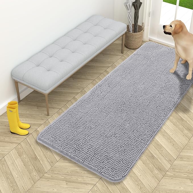 OLANLY Dog Door Mat for Muddy Paws 54x24, Super Absorbent Chenille Mud Mat | Light Grey, Absorbs Moisture and Dirt, Non-Slip Machine Washable Doormat, Quick-Drying Indoor Entryway Floor Carpet for Dogs
