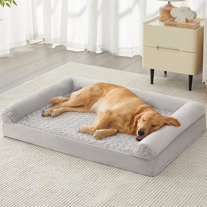 BFPETHOME Orthopedic Washable XXL Dog Bed for Senior Dog Cozy Sleep | Extra Large Waterproof Big Soft Pet Couch Bed for Dogs Relax with Removable Cover Supportive Foam Light Grey 48x35 Inch