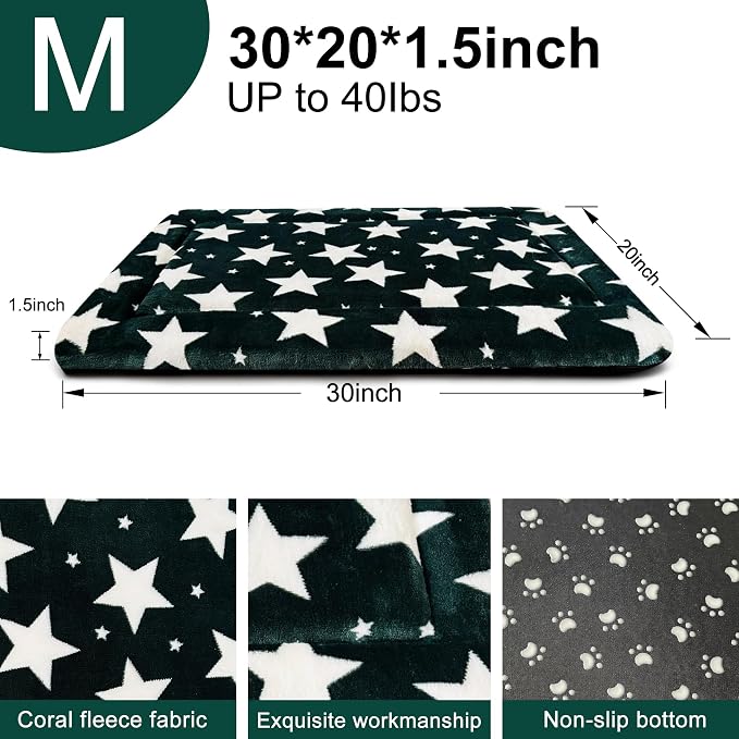 Dog Bed Mat – Soft & Comfortable Dog Kennel Pad for Crate – Durable Crate Bed & Mat for Dogs & Cats – Ideal for Crate, Kennel, and Home Use (Big&Little Stars Green, M(30"*20"*1.5"))