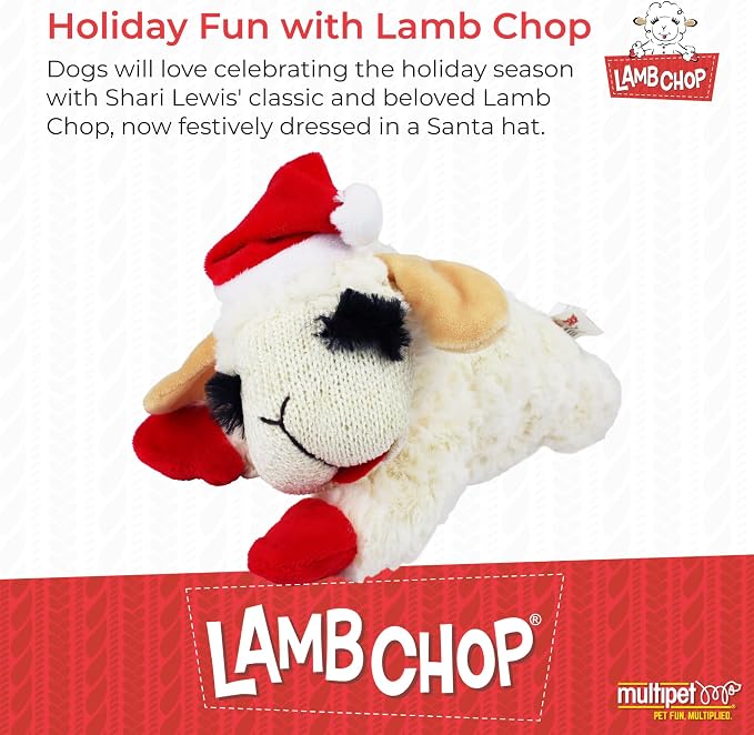Multipet Holiday Lambchop with Santa Hat Plush Dog Toy, 10.5"