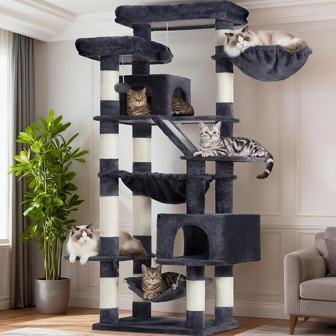 Heybly Cat Tree, 71-Inch-Tall Tower for Indoor Cats with 2 Perches HCT034G | Large Cat Furniture with 2 Big Condos, 2 Hammocks, Basket, Scratching Pad, Multi-Level Cat Condo, Smoky Gray