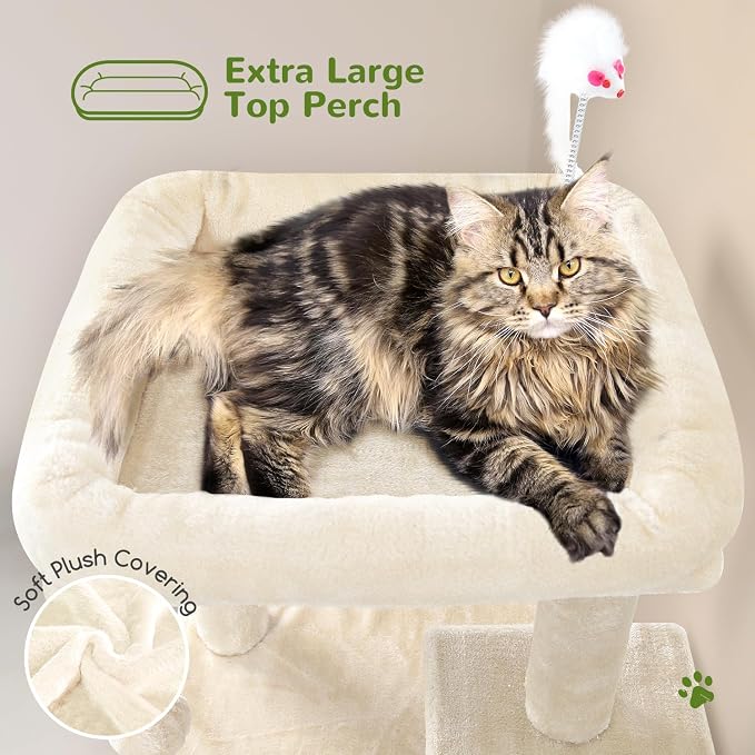 Globlazer Cat Tree Tower for Indoor Cats, 50-inch Adult Cat Tree House for Large Adult Cats with Steps, Scratching Post, 2 Cat Caves, Dangling Toys, FC50, Beige