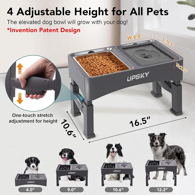 UPSKY 3-in-1 Elevated Dog Bowls Set with 4 Height Adjustable Stand, Gray | 304 Stainless Steel Bowl, No Spill Water Bowl, Slow Food Bowl, Anti-Slip, Dishwasher Safe, Suitable for Small Medium Dogs