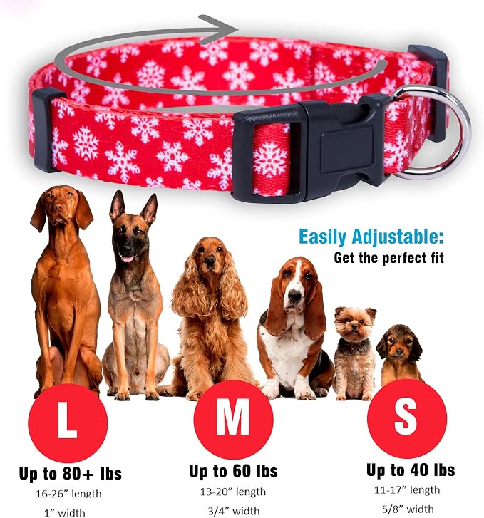 Native Pup Christmas Dog Collar- Winter Holiday Collars for Pets- Xmas Gift for Puppy- Santa, Reindeer, Snowman, Candy Cane, Red Green- Girl Boy- Small, Medium, Large Breeds (Red Snowflake, Large)