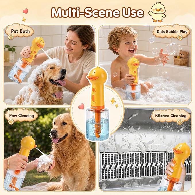 Electric Dog Shampoo Dispenser 500ml Rechargeable Duck-Shaped Pet Bath Dispenser with Auto-Mix Motor & 2 Adjustable Silicone Brushes, IPX7 Waterproof Dog Shampoo Frother for Gentle Cleaning