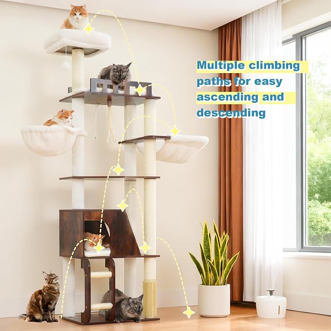 Hey-brother Wooden Cat Tree, Furniture Tower with Large Platforms, MPJ121SR | 69.7 inch, Modern Full Sisal Scratching Posts, Hammocks, Spacious Condo, Ladder, Brush, Water Proof Surface, Rustic Brown