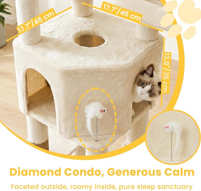 65" Cat Tree Tower, Anti-Tip Cat Condo for Indoor Cats VCT012MJ | Cat Furniture with Extra Wide Baseboard & Large Perch, 2 Hammocks, Cozy Condo, 7 Sisal Scratching Posts, Beige