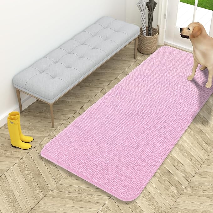 OLANLY Dog Door Mat for Muddy Paws 54x24, Super Absorbent Chenille Mud Mat | Pink, Absorbs Moisture and Dirt, Non-Slip Machine Washable Doormat, Quick-Drying Indoor Entryway Floor Carpet for Dogs