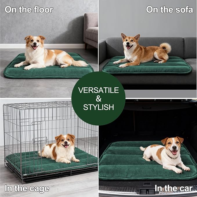 Dog Bed Mat, Reversible Dog Crate Pad with Washable Kennel Mat and Soft Foam, Flat Pet Bed for Dogs & Cats, for Crates Carriers & Travel (Green, 28" L*16" W*1.5" Th)