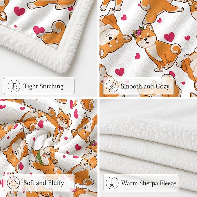 BlessLiving Shiba White Throw Blanket with Dense Dog Patterns Sherpa Fleece Blanket Couch Bed, Soft Cozy Warm Pet Blankets for Kawaii Puppy Lovers Pink Heart Cute Animal Print Gift 50x60 Inches