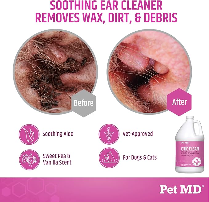 Pet MD Otic-Clean Ear Solution for Dogs & Cats - Pet Ear Cleaner - 1gal | Cleans and Reduces Wax Buildup to Help with Itch and Odor - Deodorizing Dog & Cat Ear Cleaner Solution
