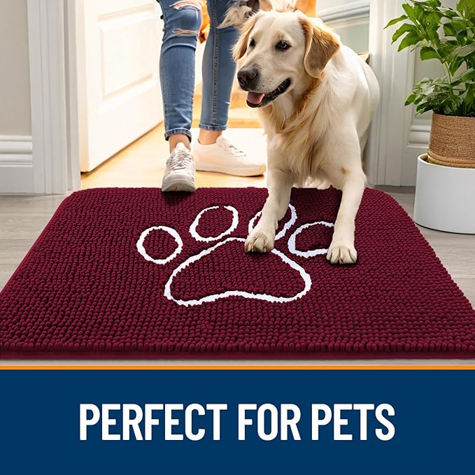 OLANLY Dog Door Mat for Muddy Paws 44x32, Paw Print Design Chenille Mud Mat | Burgundy, Absorbent, Traps Moisture and Dirt, Non-Slip Washable Doormat, Quick-Drying Indoor Entryway Floor Carpet for Dogs
