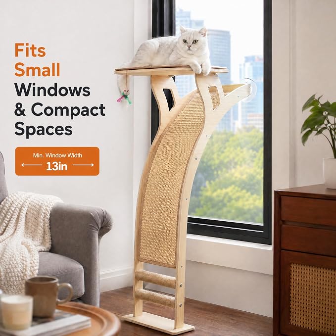 Cat Window Perch with Scratcher Ramp, 48-Inch Tall Wooden Climbing Tree | Fits Windows 13 Inches Wide or More;Heavy-Duty Suction Cups; Drill-Free; Sisal Scratching Mat; Holds Up to 45 lbs