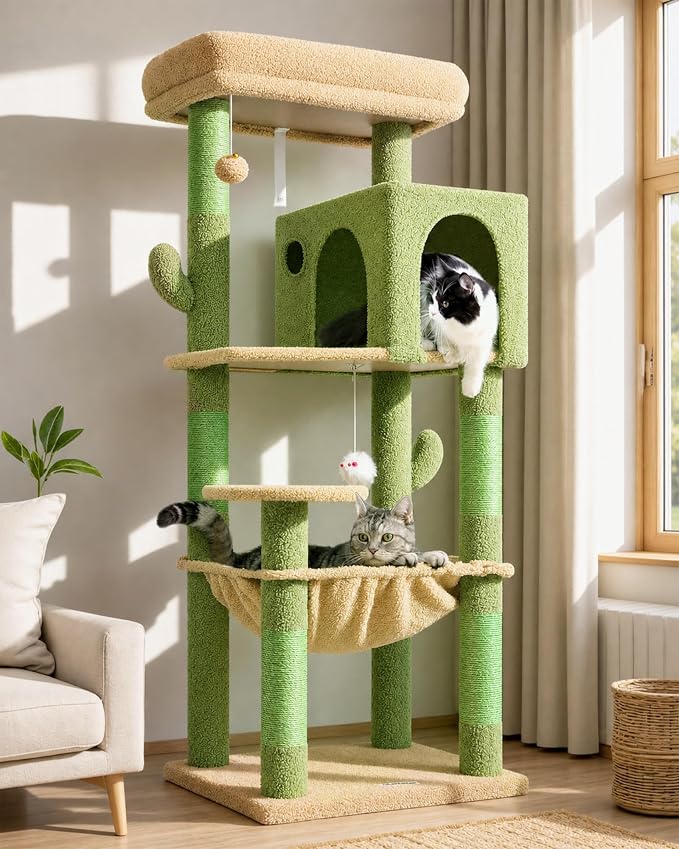 Globlazer Cactus Cat Tree Tower with Scratching Post for Indoor Cats, 53inch Tall Plush Multi-Level Cat Climbing Tower Condo with Large Hammock, Spacious Cat Cave, Padded Top Perch Bed, F53, Green
