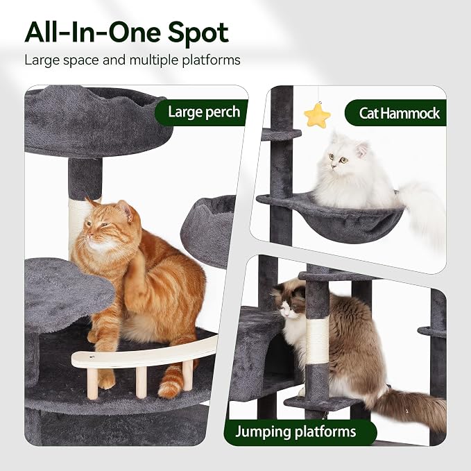 Meecal Cat Tree, 79in Giant Tower for Indoor Cats Large Adult, Smoky Gray | Heavy Duty Cat Trees with Scratching Post, 2 Cat Condos, Hammocks, Perches, Hanging Toys for Multiple Maine Coon, Big Cats