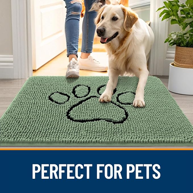 OLANLY Dog Door Mat for Muddy Paws 36x24, Paw Print Design Chenille Mud Mat | Olive Green, Absorbent, Traps Moisture and Dirt, Non-Slip Washable Doormat, Quick-Dry Indoor Entryway Floor Carpet for Dogs