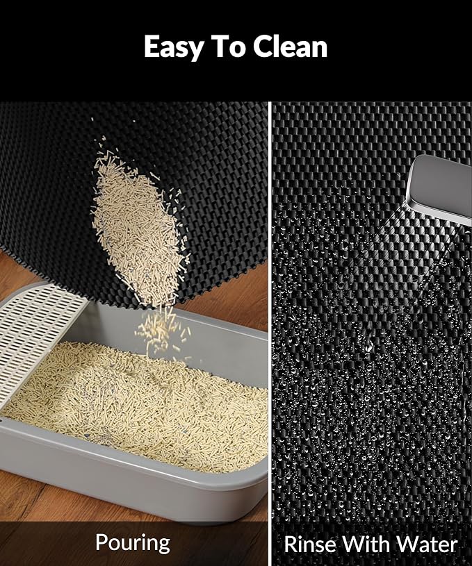 Cooyes Cat Litter Mat - Cut to Fit Any Place, 47"x35" Large Litter Trapping Mat for Litter Box, Easy to Clean, Waterproof & Non-Slip Kitty Pad, Scatter Control to Protect the Floor (Black)