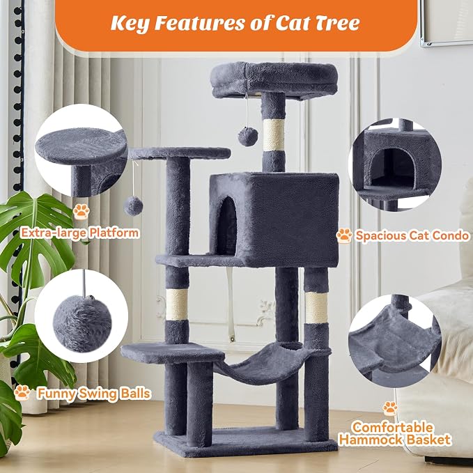 44 Inch Small Cat Tree Tower for Indoor Cats and Kittens | Multi-Level Cat Climbing Tower with Natural Sisal Scratching Post and Hammock, Pet Condo, Grey