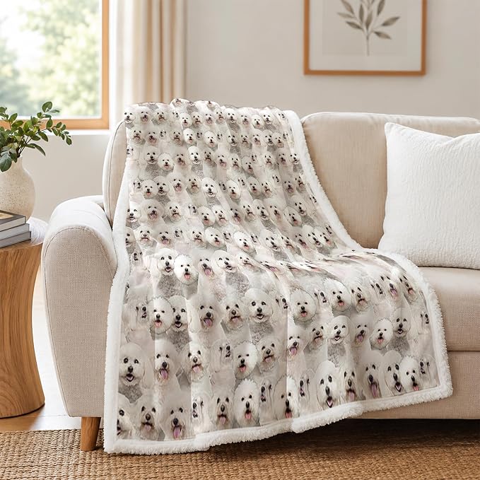BlessLiving Bichon Frise White Throw Blanket with Dense Dog Patterns Sherpa Fleece Blanket Couch Bed, Soft Cozy Warm Pet Blankets for Puppy Lovers Cute Animal Print Gift 60x80 Inches