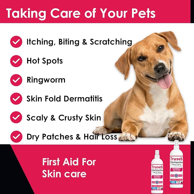 Truseb Advanced Strength Medicated Chlorhexidine for Dogs Cats Horses Skin Spray with Aloe Vera - Medicated Ketoconazole Spray for Skin Irritation, Hot Spots, Redne (Medicated Ketoconazole Spray, 8oz)