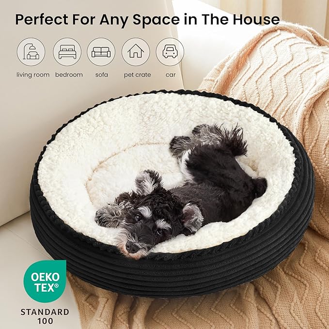 Love's cabin Round Donut Cat and Dog Cushion Bed, 24in Pet Bed for Small or Medium Dogs, Anti-Slip & Water-Resistant Bottom, Soft Durable Fabric Pet Beds, Washable Calming Cat Bed Black