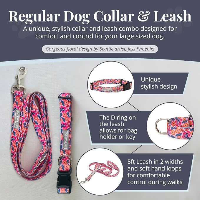 Lucky Love Dog - Easy Click Buckle Dog Collar with Leash Set Combo, Durable & Comfortable for Male & Female Dogs, Pet Collar for Large Dogs, Secure Fit - Floral Rosie Combo, Large