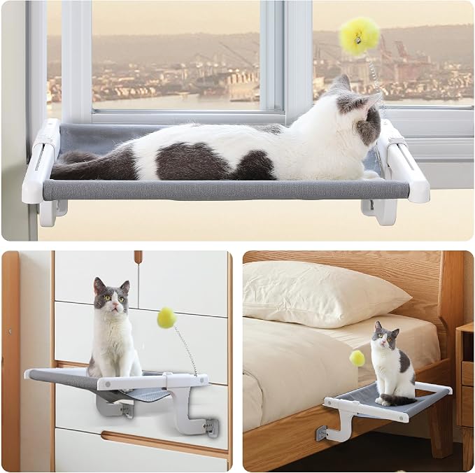 Cat Window Perch, Cat Hammock Window Seat with Sturdy Metal Frame for Large Cats and Kittens, Easy to Adjust for Windows & Bedsides, No Suction Cup No Drilling