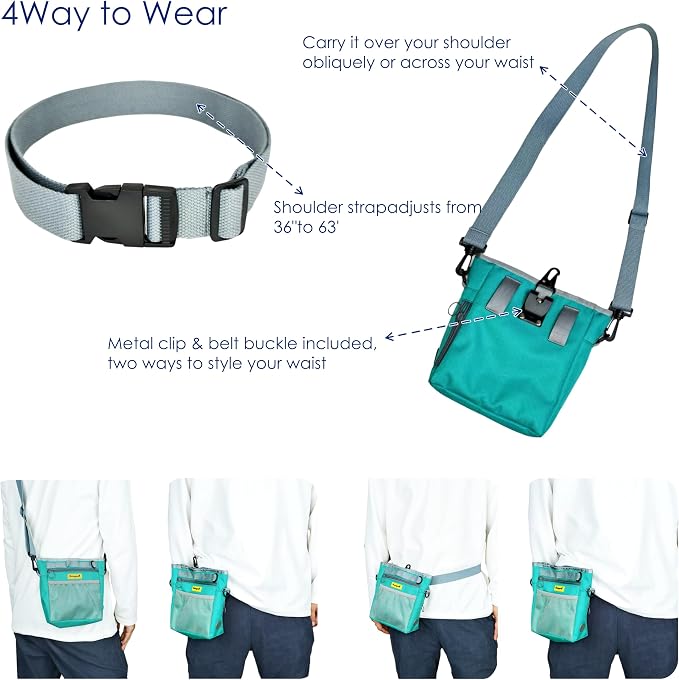 Raisingwell Dog Treat Pouch with Magnetic Closure 4-Cup Silicone Bag Fanny Pack Holder with Clicker 4 Ways to Wear Front Pocket Fits All Phones Ideal for Leash, Pet Walking and Training（Green）