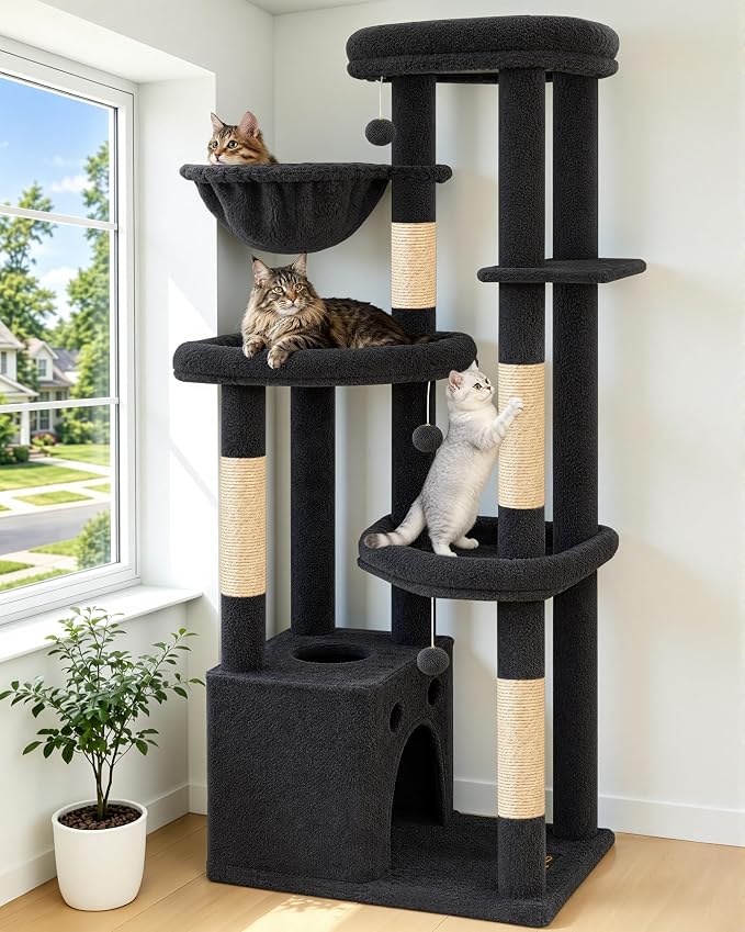 67in Cat Tree Tower for Indoor Cats, Multi-Level Dark Grey | Climbing Tower with 3 Large Platform, 4 Scratching Posts, Hammock, Large Condo for Multiple Cats, Modern Cat Tree Furniture