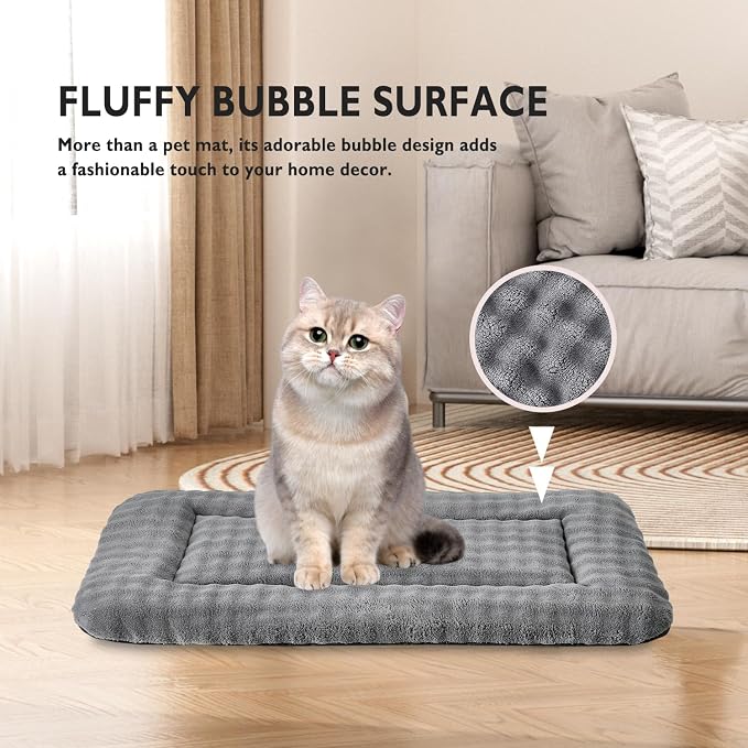 Pet Bed Mat Crate Pad for Cats Small Dogs, Grey, 24"x 18" | Washable Soft Pet Sleeping Mat, Puppy Cat Kitten Cushion with 3D Bubble Pattern