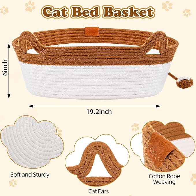 Leitee 19.2" X 6" 100 Pcs Cat Bed Storage Basket Gift Cat Variety Toys Set Cotton Rope Basket, Fish Mice Pet Bell Colorful Crinkle Balls Spring Toy for Kitten Swat Interactive (Retro,White,Khaki)
