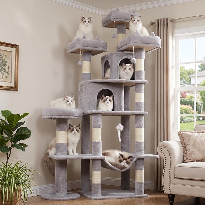 Cat Tower, 71 Inch Heavy Duty Cat Tree for Large Cats | Tall Multi-Level Cat Tree Tower with Extended Base, 2 Condos, 3 Perches, 9 Sisal Posts & Hammock for Indoor Adult Cats, Grey