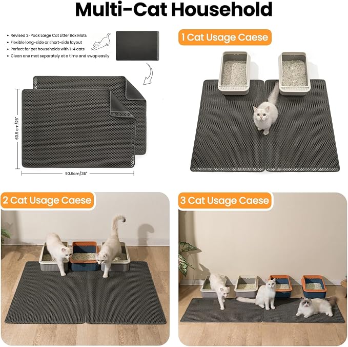 Litter Box Mat, 25x35in 2-Pack, Cat Litter Trapping Mat for Litter Boxes | 2-Layer Honeycomb Litter Catching Mat, BPA-Free, Waterproof & Urine-Proof Cat Mats, Less Mess, Easy Lift & Pour, Gray