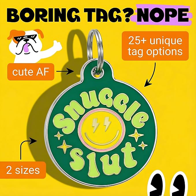 Bad Tags Personalized Dog and Cat ID Tags in 25+ Designs and 2 Sizes - 5 Lines of Custom Engraved Text - Funny Cute Personalized Pet Tags (Snuggle Sl*t - Green, Large (1.25 inch))