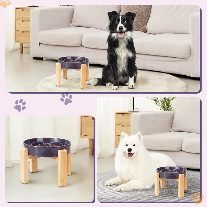 Elevated Slow Feeder Dog Bowl Large Breed, 8.8 Inch Ceramic Slow Eating Bowl with Bamboo Stand, Anti-Choking Raised Maze Design for Medium to Large Dogs, 3.2 Cup, Purple