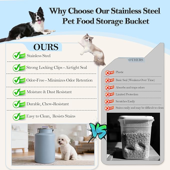 25lb Stainless Steel Dog Food Storage Container with Lid and Scoop | Airtight Metal Pet Food Storage, Large Capacity, Durable, Rust-Proof, Moisture-Proof, Keeps Kibble Fresh for Daily Use