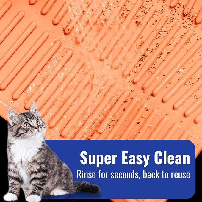 Easy Clean Litter Mat: 24" X 15" Silicone Groove Design Litter Trapping Mat Easy to Vacuum & Rinse - Waterproof Urineproof Surface for Floor - Non-Slip Backing for Kittens (Peach Pink)