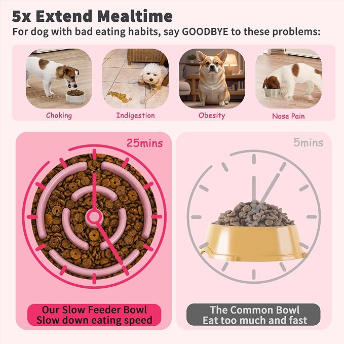 Elevated Slow Feeder Dog Bowl - Ceramic Maze Food Dish with Bamboo Stand - Raised Feeding Bowl for Fast Eaters - Ideal for Small and Medium Dogs - Pink - 6.7 inch