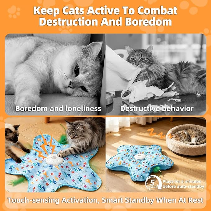 Interactive Cat Toy, Peek-a-Boo Series – Hidden Feather Wand, Rechargeable Indoor Hunting Toy, Squeaky Bird Sound, and Small Fish Pattern Cover