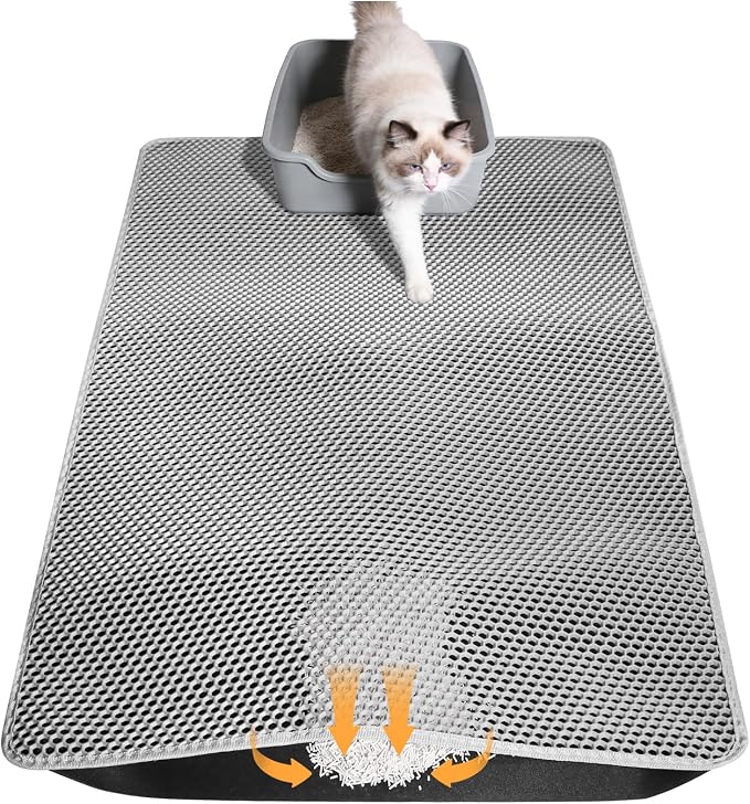 Cat Litter Mat 46"x26", Double Layer Waterproof Litterbox Mat, Gray | Non-slip backing, washable for easy cleanup, traps stray litter with waterproof honeycomb large grid that is urine-proof.