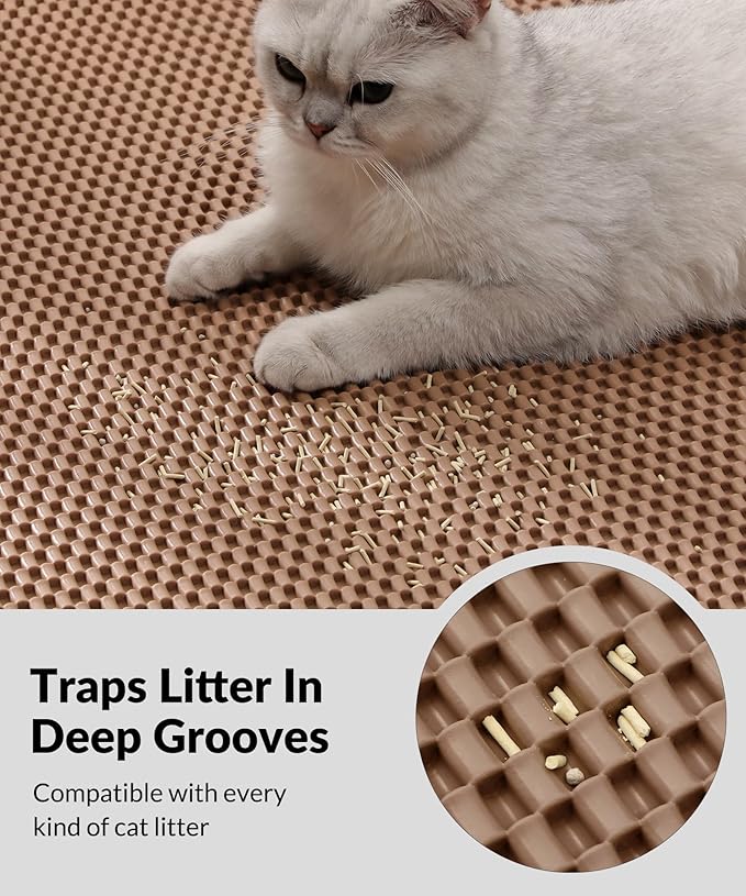 Cooyes Cat Litter Mat - Cut to Fit Any Place, 47"x35" Extra Large Litter Trapping Mat for Litter Box, Easy to Clean, Waterproof & Non-Slip Kitty Pad, Scatter Control to Protect the Floor (Khaki)