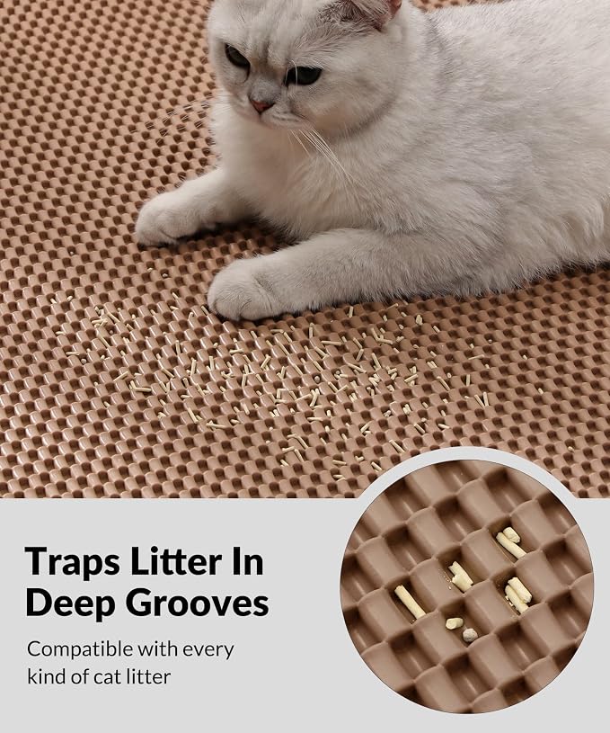 Cooyes Cat Litter Mat - Cut to Fit Any Place, 35"x23" Large Litter Trapping Mat for Litter Box, Easy to Clean, Waterproof & Non-Slip Kitty Pad, Scatter Control to Protect the Floor (Khaki)