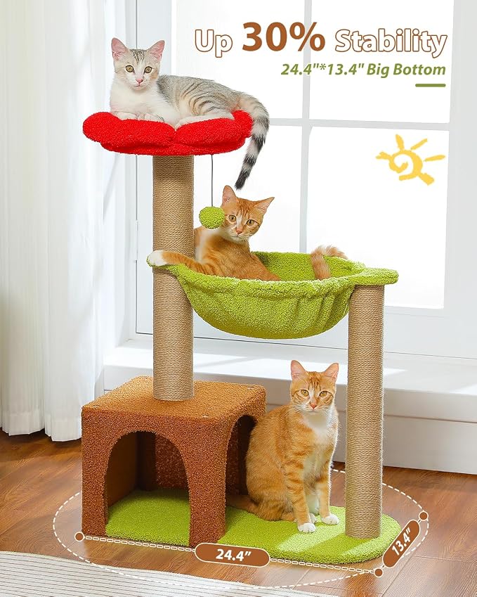35" Flower Cat Tree for Kittens with Hammock & Sisal Posts, Brown | Flower-shaped top perch, Metal frame hammock, Sisal scratching posts, Cozy pink condo, Sturdy stable base, For small cats