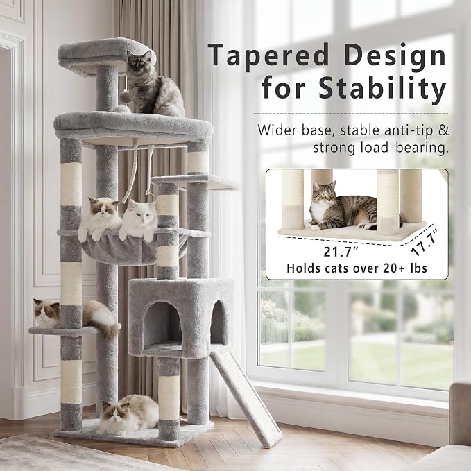 Heybly 64.2" Heavy-Duty Cat Tree for Large Cats with Wide Base HCT027W | Indoor Cat Tower with Scratching Posts & Board, Cat Furniture with Big Platforms, Extra-Large Hammock, Light Gray