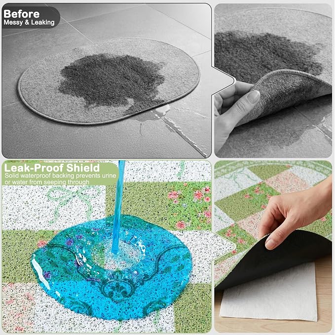 Bienbee Cat Litter Mat, 24" x 15" Litter Box Mat Rug with Non-Slip Bottom,Urine and Water Proof, Easy to Clean Cat Supplies Essentials for Indoor Kitty Kitten Floor, Green Floral Knot M
